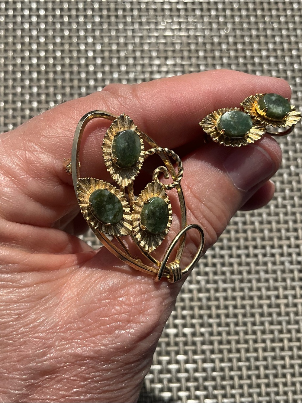 Vintage Gold-Tone Green Stone Floral Brooch and Earrings Set